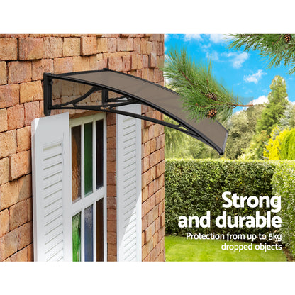 Window Door Awning Canopy 1Mx2M Brown Sheet Black Plastic Frame