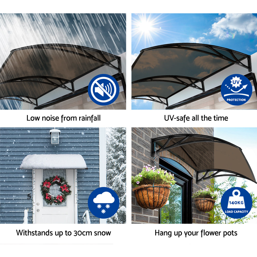 Window Door Awning Canopy 1Mx2M Brown Sheet Black Plastic Frame