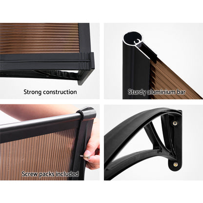 Window Door Awning Canopy 1Mx2M Brown Sheet Black Plastic Frame