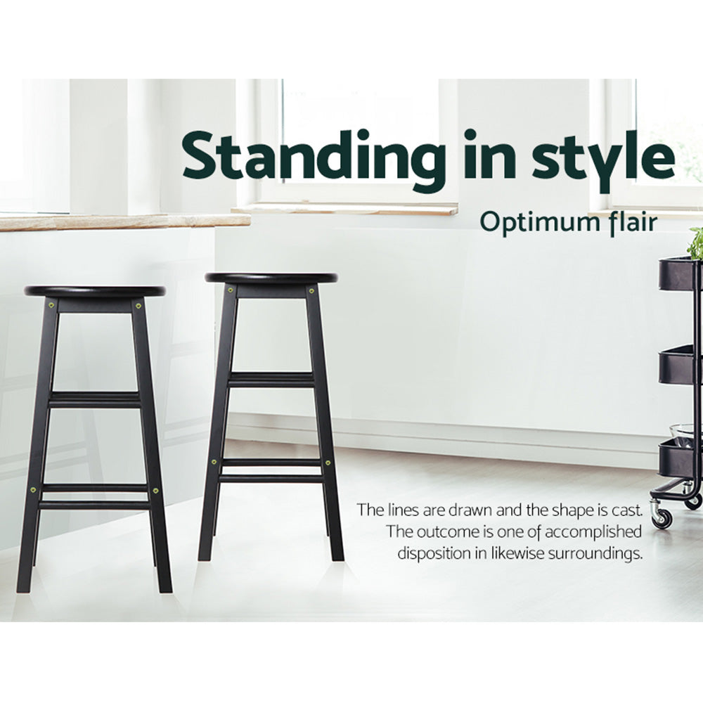 2X Bar Stools Round Chairs Wooden Black