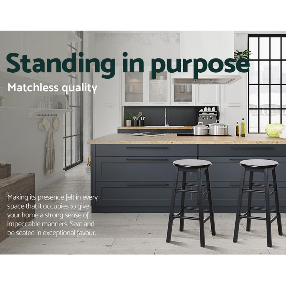 2X Bar Stools Round Chairs Wooden Black