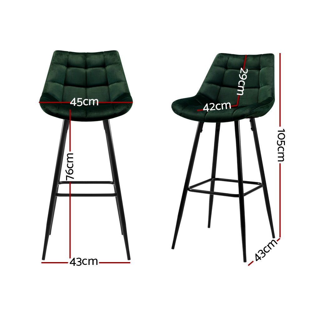 2X Bar Stools Velvet Chairs Green