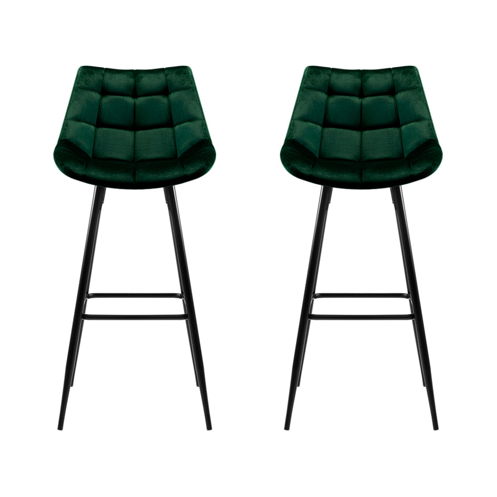 2X Bar Stools Velvet Chairs Green