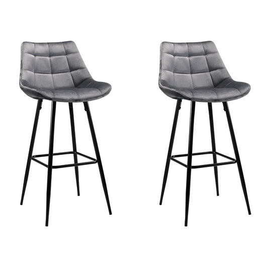 2X Bar Stools Velvet Chairs Grey