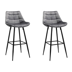 2X Bar Stools Velvet Chairs Grey