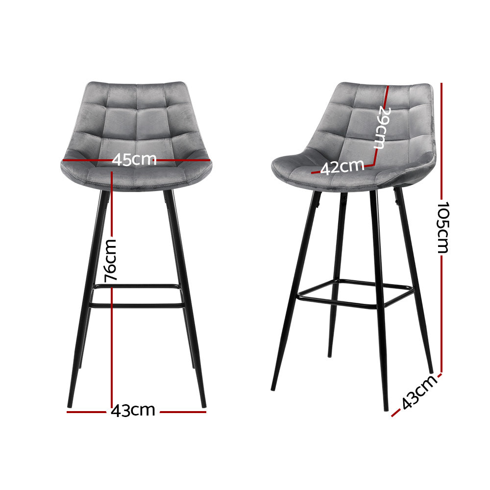 2X Bar Stools Velvet Chairs Grey