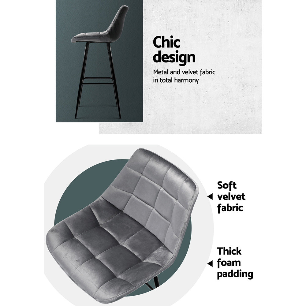 2X Bar Stools Velvet Chairs Grey