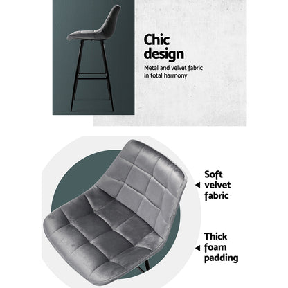 2X Bar Stools Velvet Chairs Grey