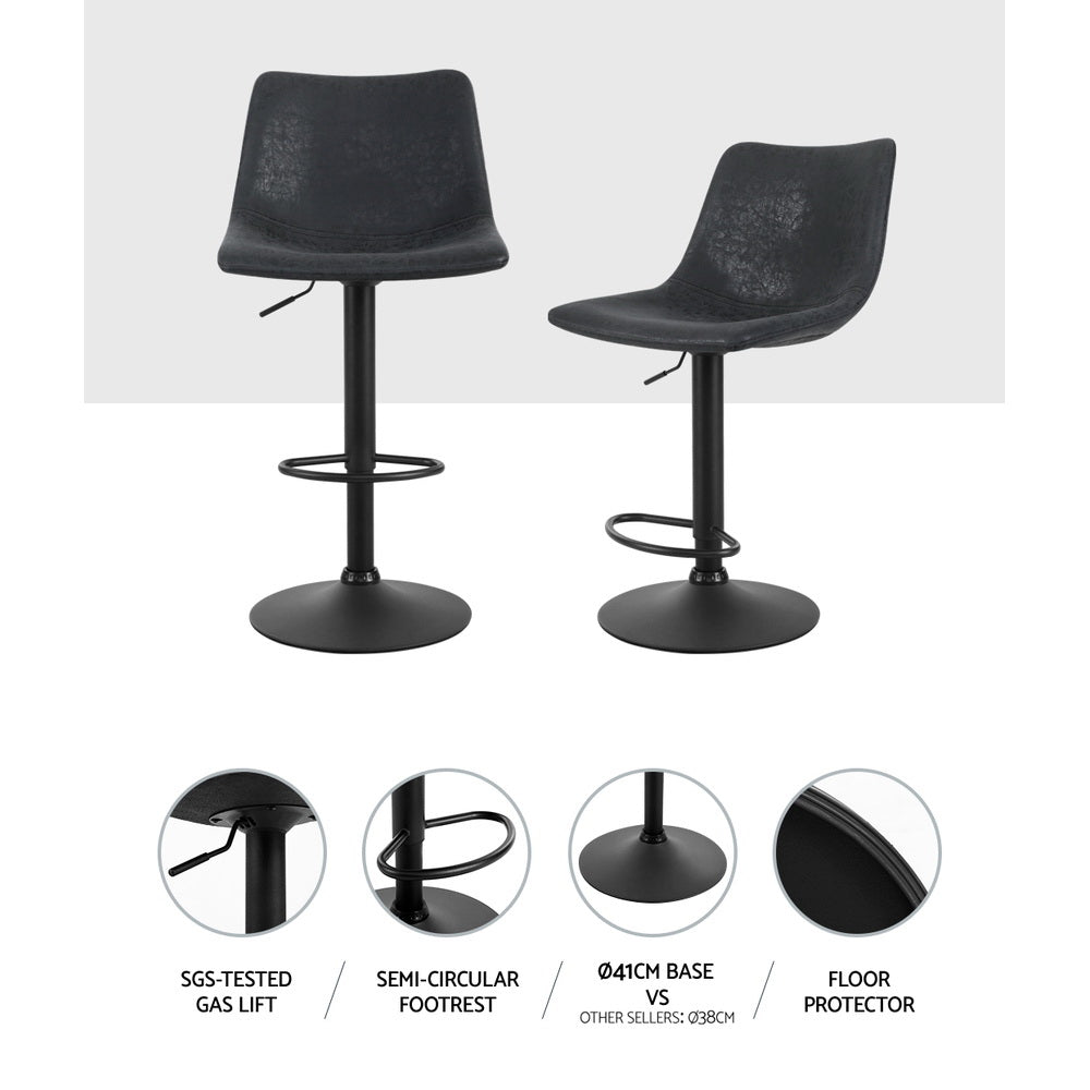2X Bar Stools Vintage Leather Swivel Gas Lift Black