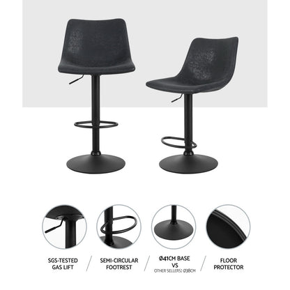 2X Bar Stools Vintage Leather Swivel Gas Lift Black
