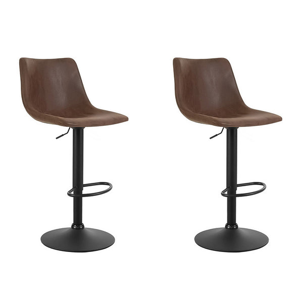  2X Bar Stools Vintage Leather Swivel Gas Lift Brown