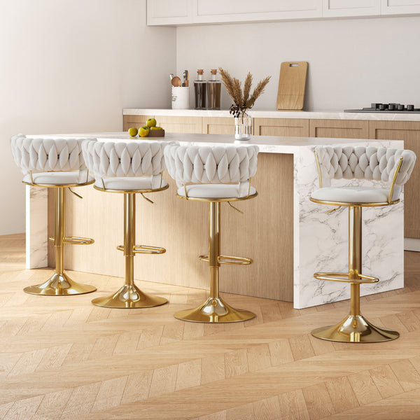  4X Bar Stools Gas Lift Velvet Woven Backrest Ivory