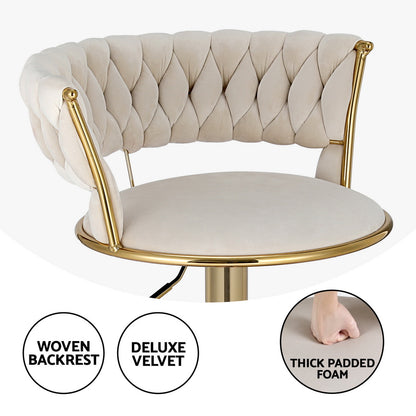 4X Bar Stools Gas Lift Velvet Woven Backrest Ivory