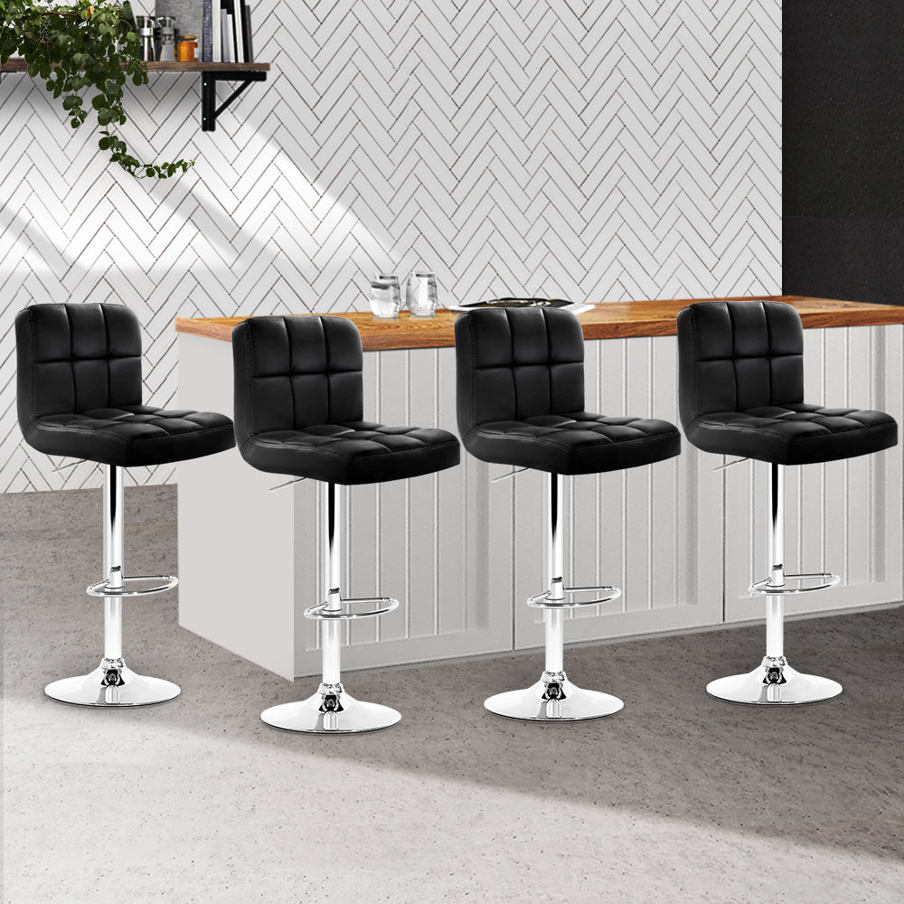 4X Bar Stools Leather Gas Lift Black