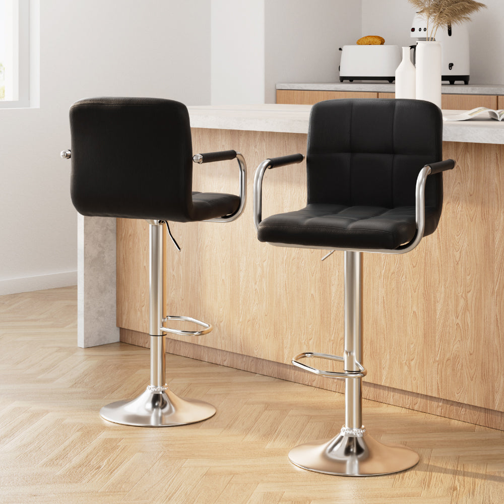 2X Bar Stools Leather Gas Lift W/Armrest Black