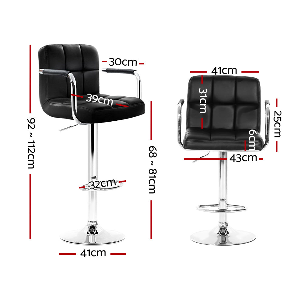 2X Bar Stools Leather Gas Lift W/Armrest Black