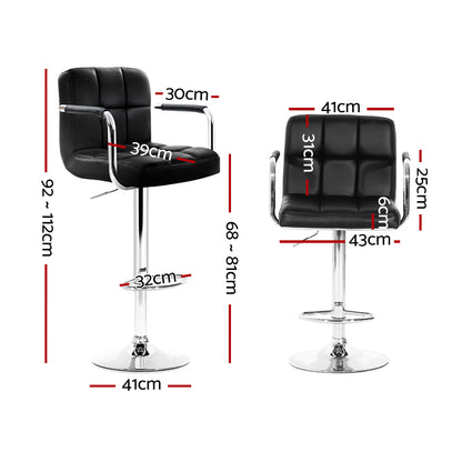 2X Bar Stools Leather Gas Lift W/Armrest Black