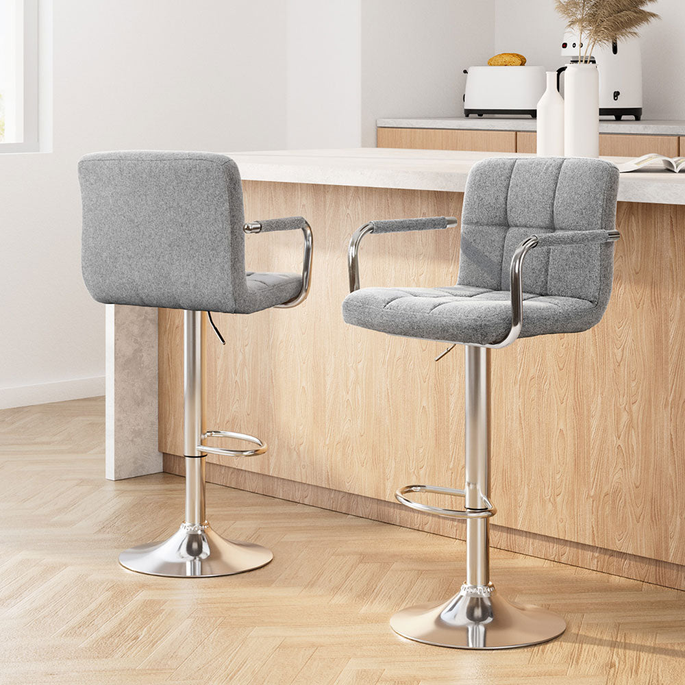 2X Bar Stools Fabric Gas Lift W/Armrest Grey