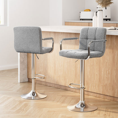 2X Bar Stools Fabric Gas Lift W/Armrest Grey
