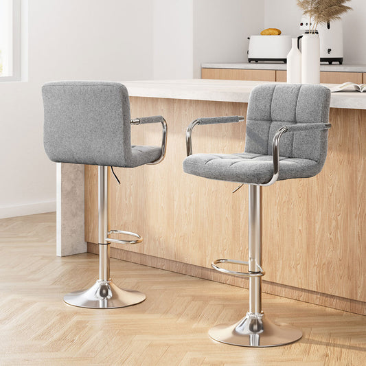 2X Bar Stools Fabric Gas Lift W/Armrest Grey