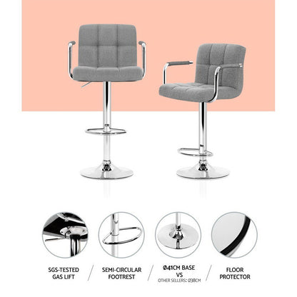 2X Bar Stools Fabric Gas Lift W/Armrest Grey