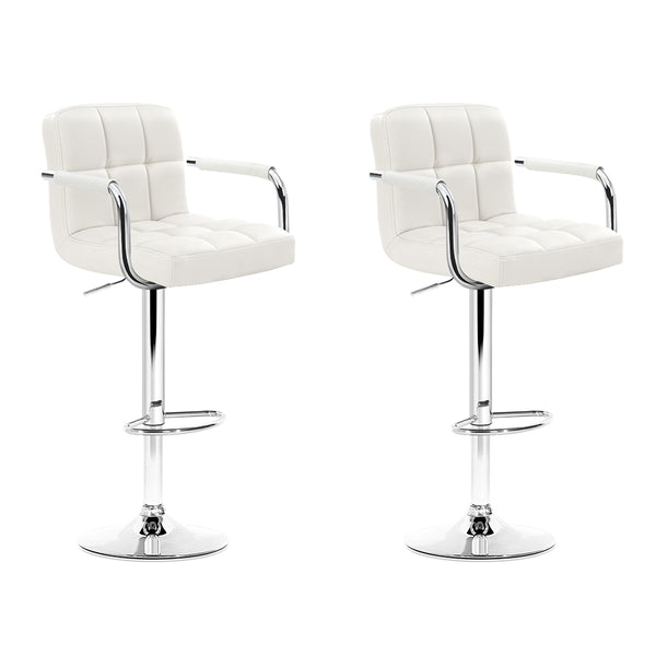  2X Bar Stools Leather Gas Lift W/Armrest White