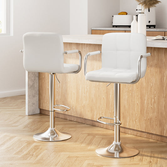 2X Bar Stools Leather Gas Lift W/Armrest White
