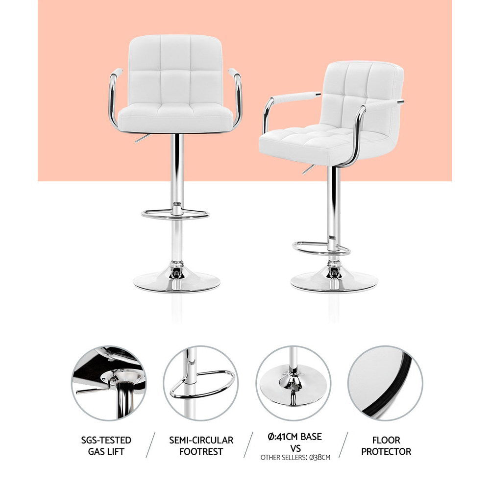 2X Bar Stools Leather Gas Lift W/Armrest White