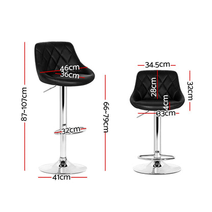 2X Bar Stools Leather Padded Gas Lift Stool Black