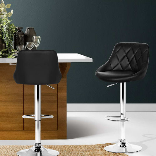 2X Bar Stools Leather Padded Gas Lift Stool Black
