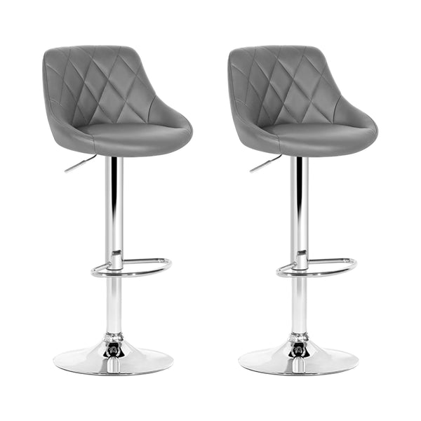  2X Bar Stools Leather Padded Gas Lift Grey