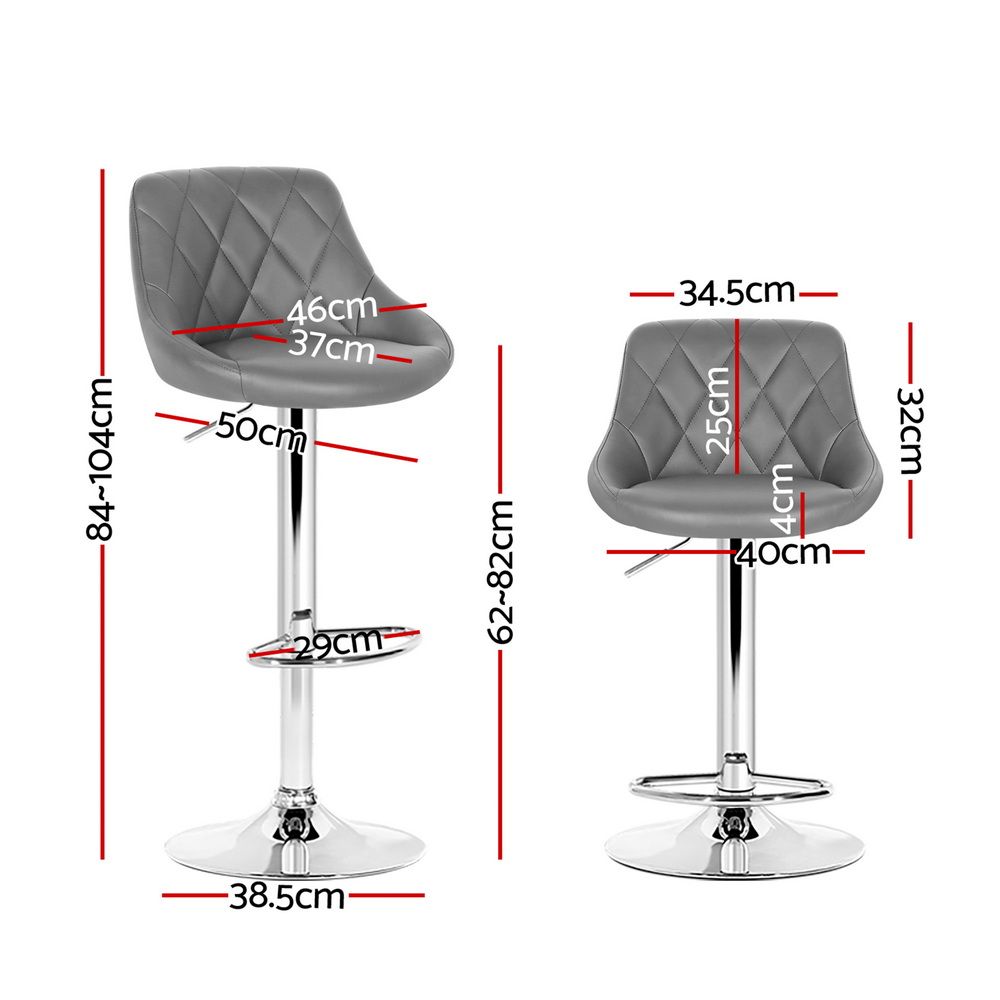 2X Bar Stools Leather Padded Gas Lift Grey