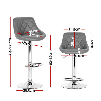 2X Bar Stools Leather Padded Gas Lift Grey