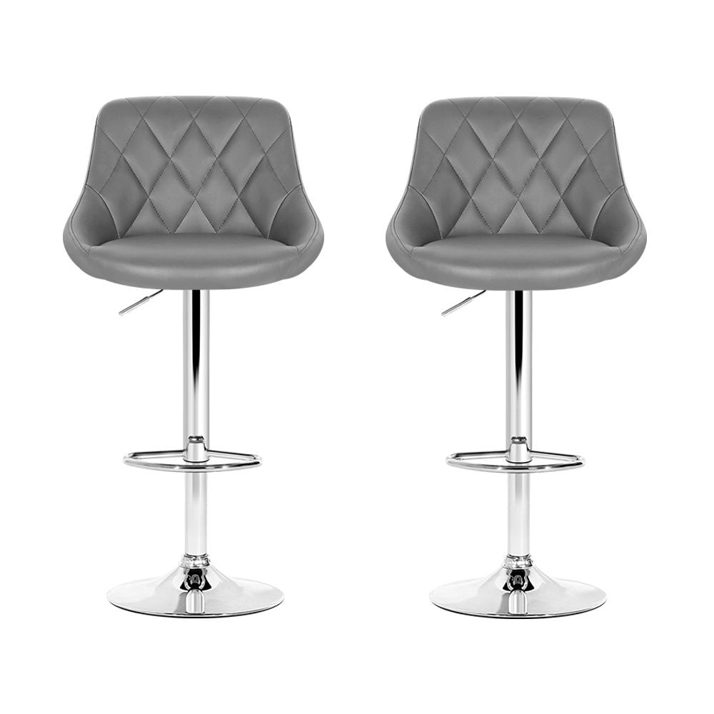 2X Bar Stools Leather Padded Gas Lift Grey