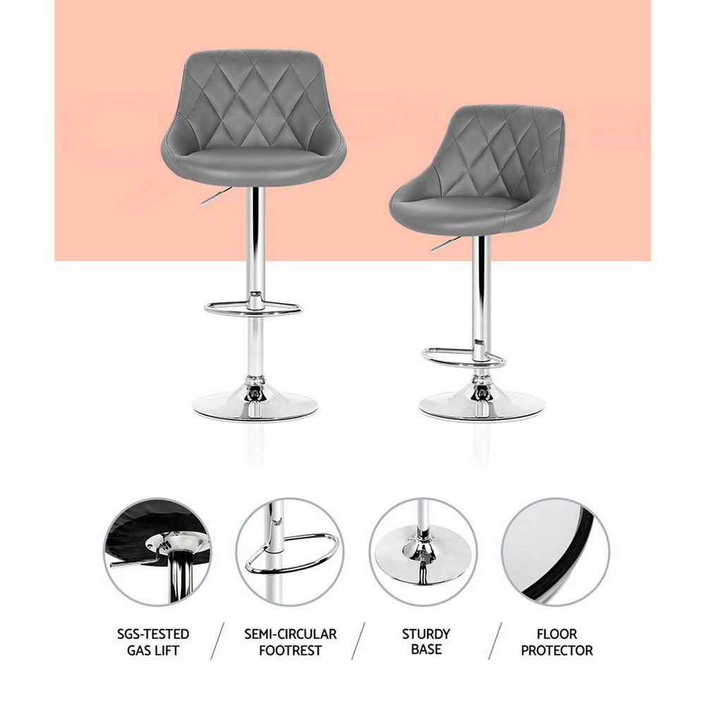 2X Bar Stools Leather Padded Gas Lift Grey