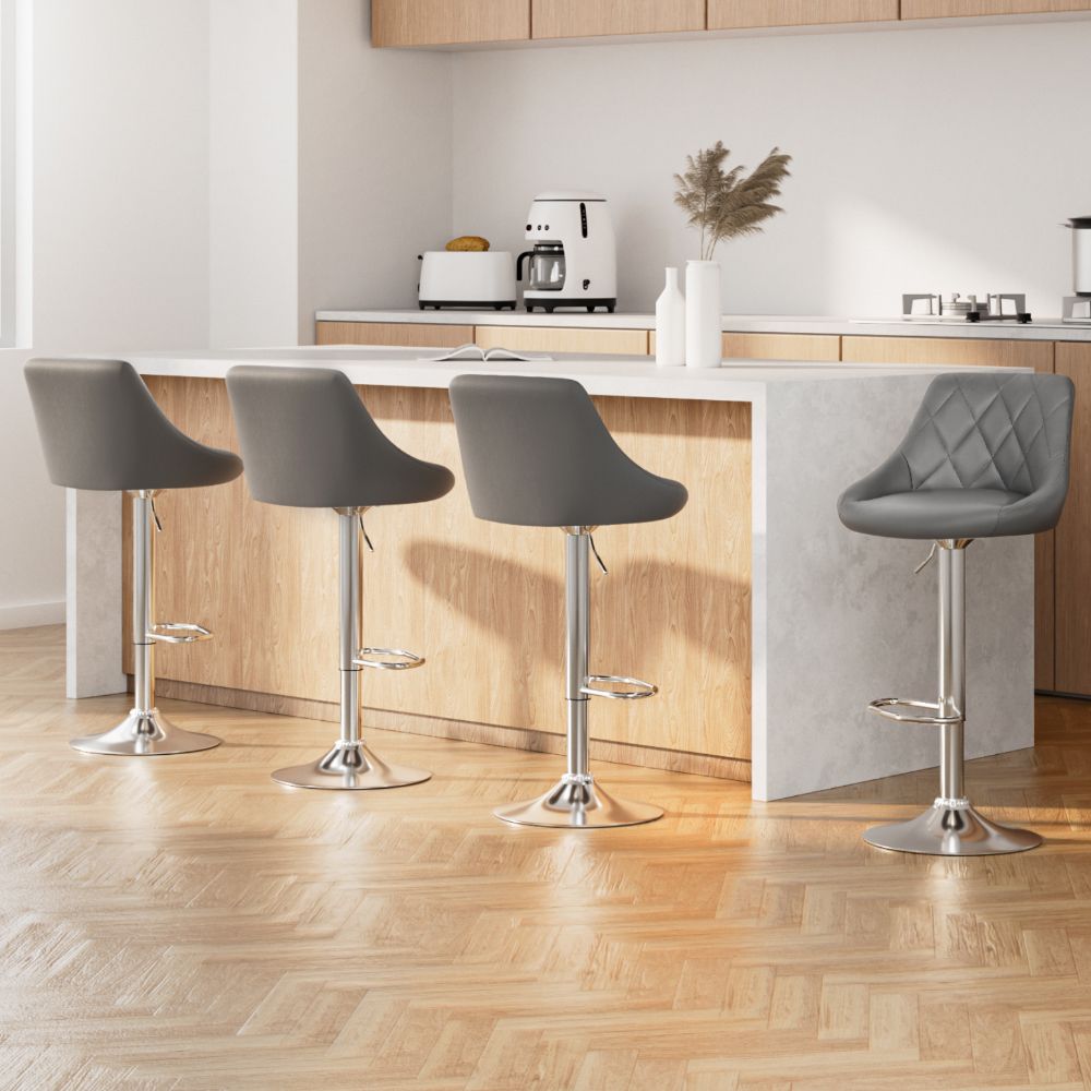 4X Bar Stools Leather Padded Gas Lift Grey