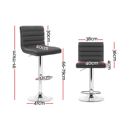 2X Bar Stools Padded Leather Gas Lift Grey