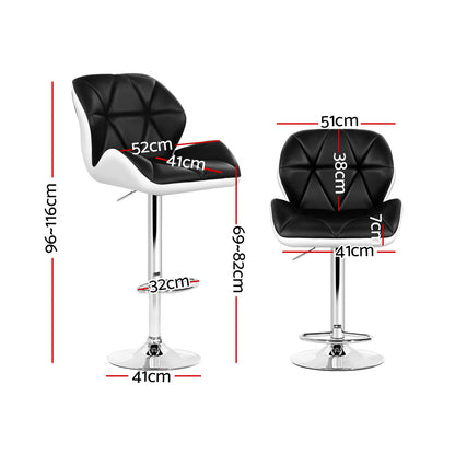 2X Bar Stools Gas Lift Padded Leather Black & White