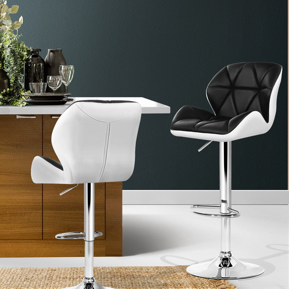 2X Bar Stools Gas Lift Padded Leather Black & White