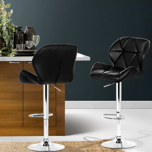 2X Bar Stools Gas Lift Padded Leather Black