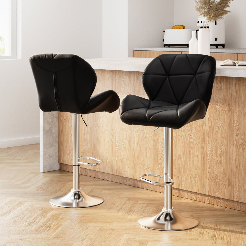 2X Bar Stools Gas Lift Padded Leather Black