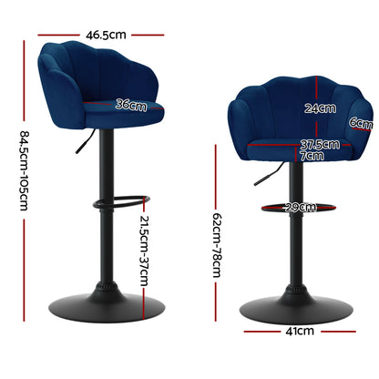 2X Bar Stools Gas Lift Velvet Blue