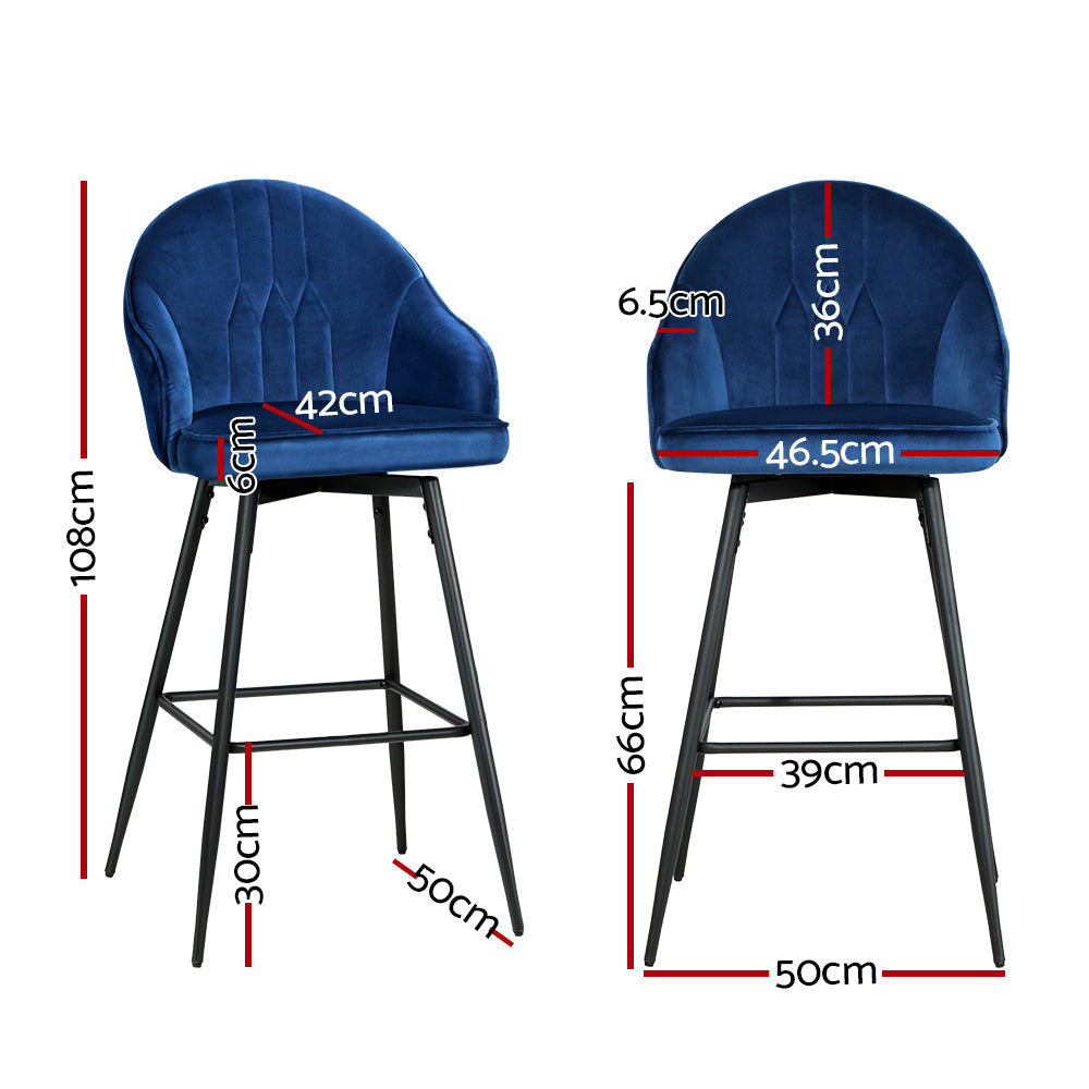 2X Bar Stools Velvet Swivel Metal Legs Blue