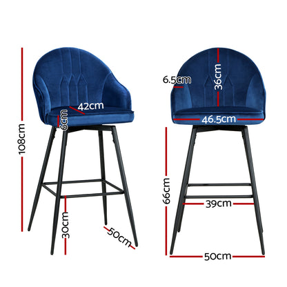2X Bar Stools Velvet Swivel Metal Legs Blue