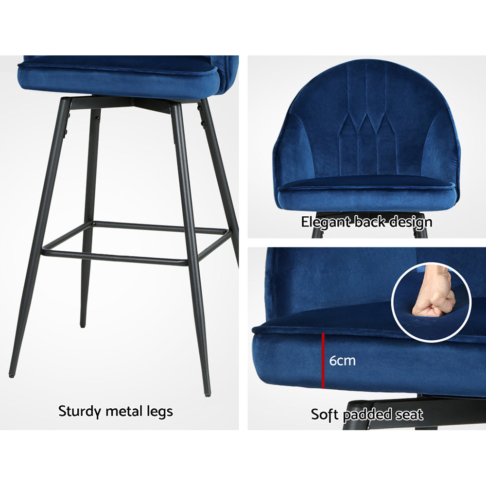 2X Bar Stools Velvet Swivel Metal Legs Blue