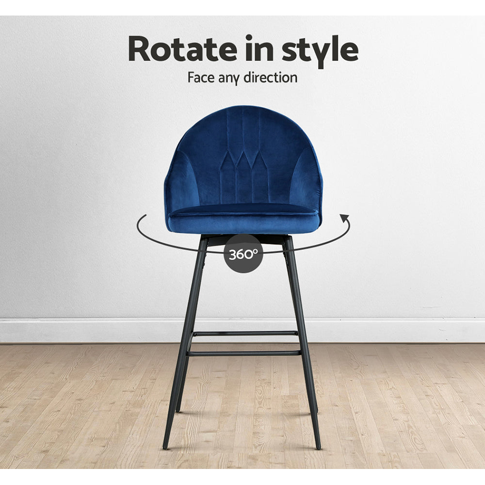 2X Bar Stools Velvet Swivel Metal Legs Blue