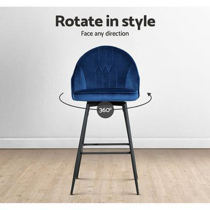 2X Bar Stools Velvet Swivel Metal Legs Blue