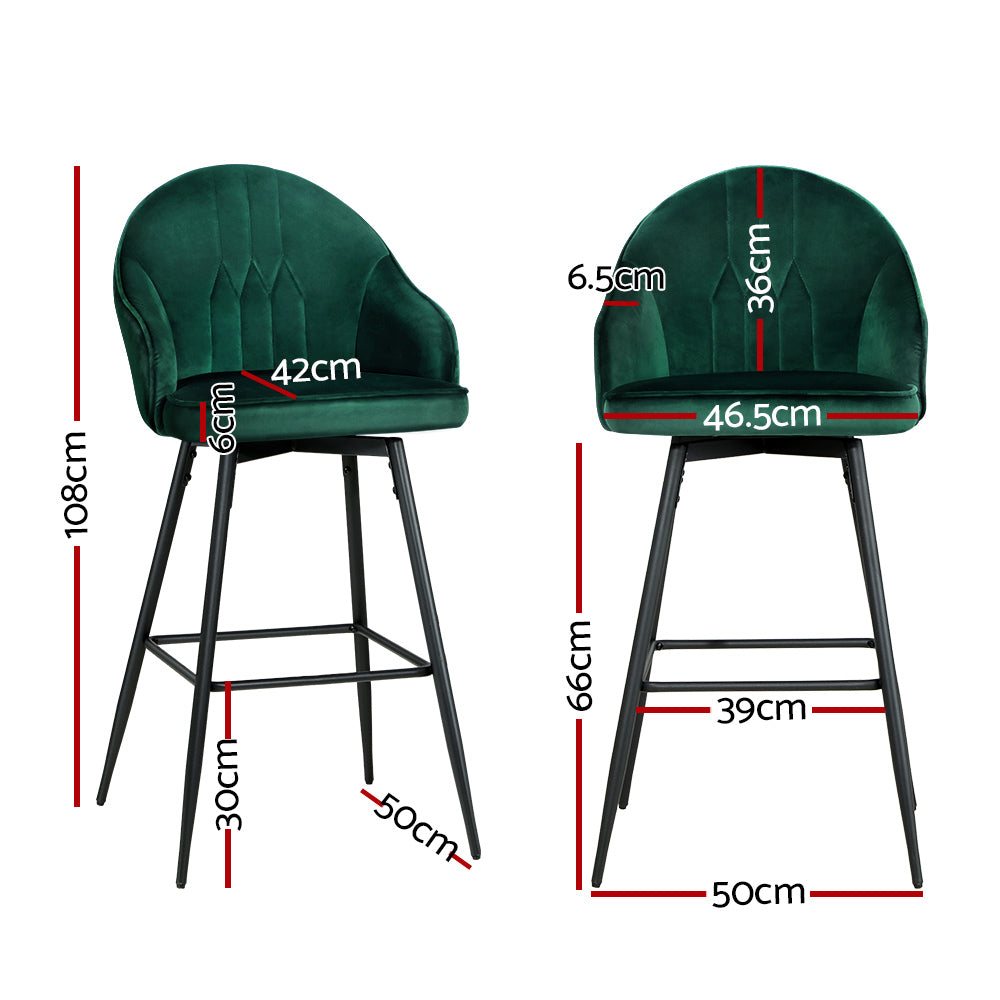 2X Bar Stools Velvet Swivel Metal Legs Green