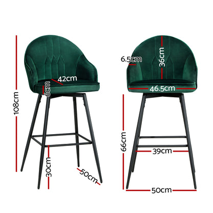 2X Bar Stools Velvet Swivel Metal Legs Green