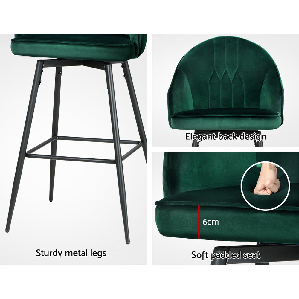 2X Bar Stools Velvet Swivel Metal Legs Green